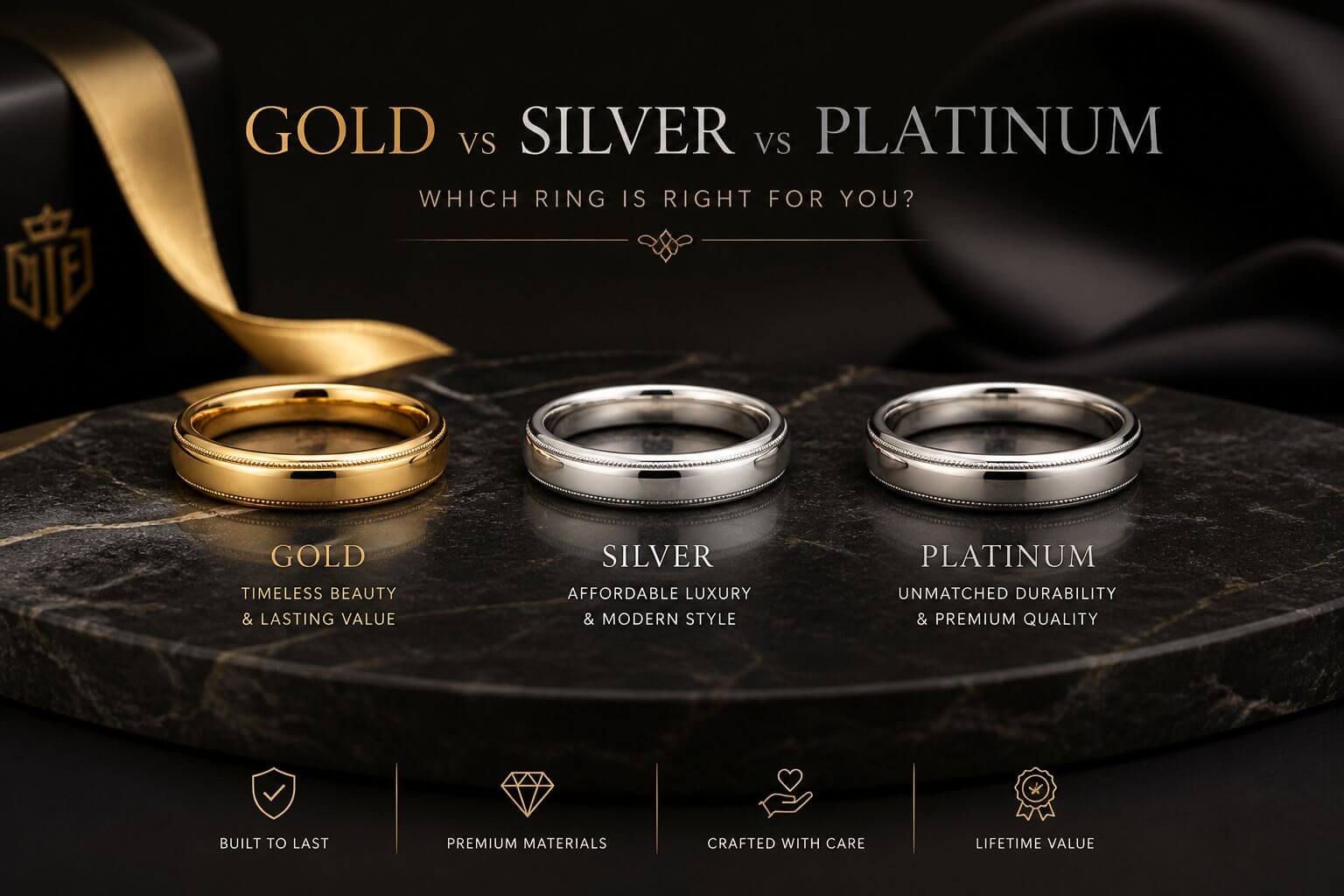 Gold silver platinum ring guide featuring gold, silver, and platinum rings on a marble surface.