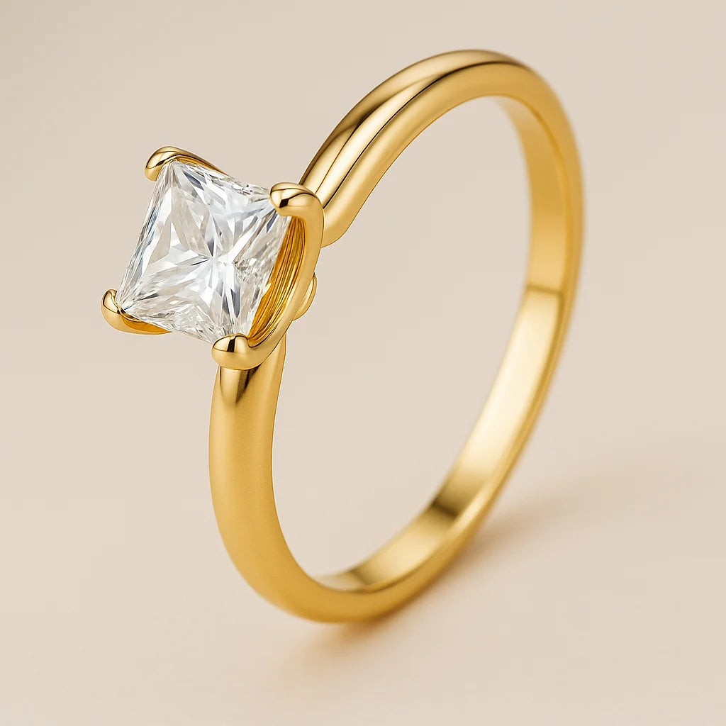 Gold Plated ring with a square-cut diamond on a beige background