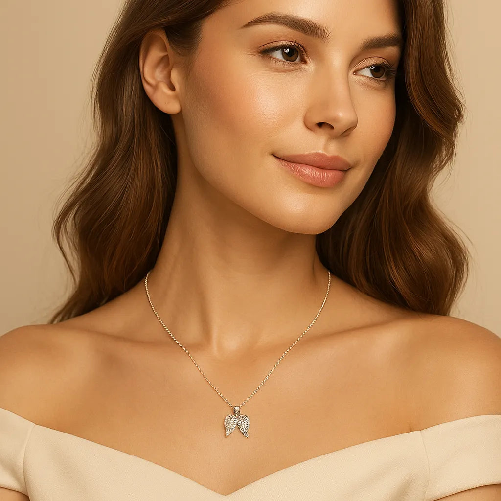 Woman wearing a silver necklace with a pendant against a beige background