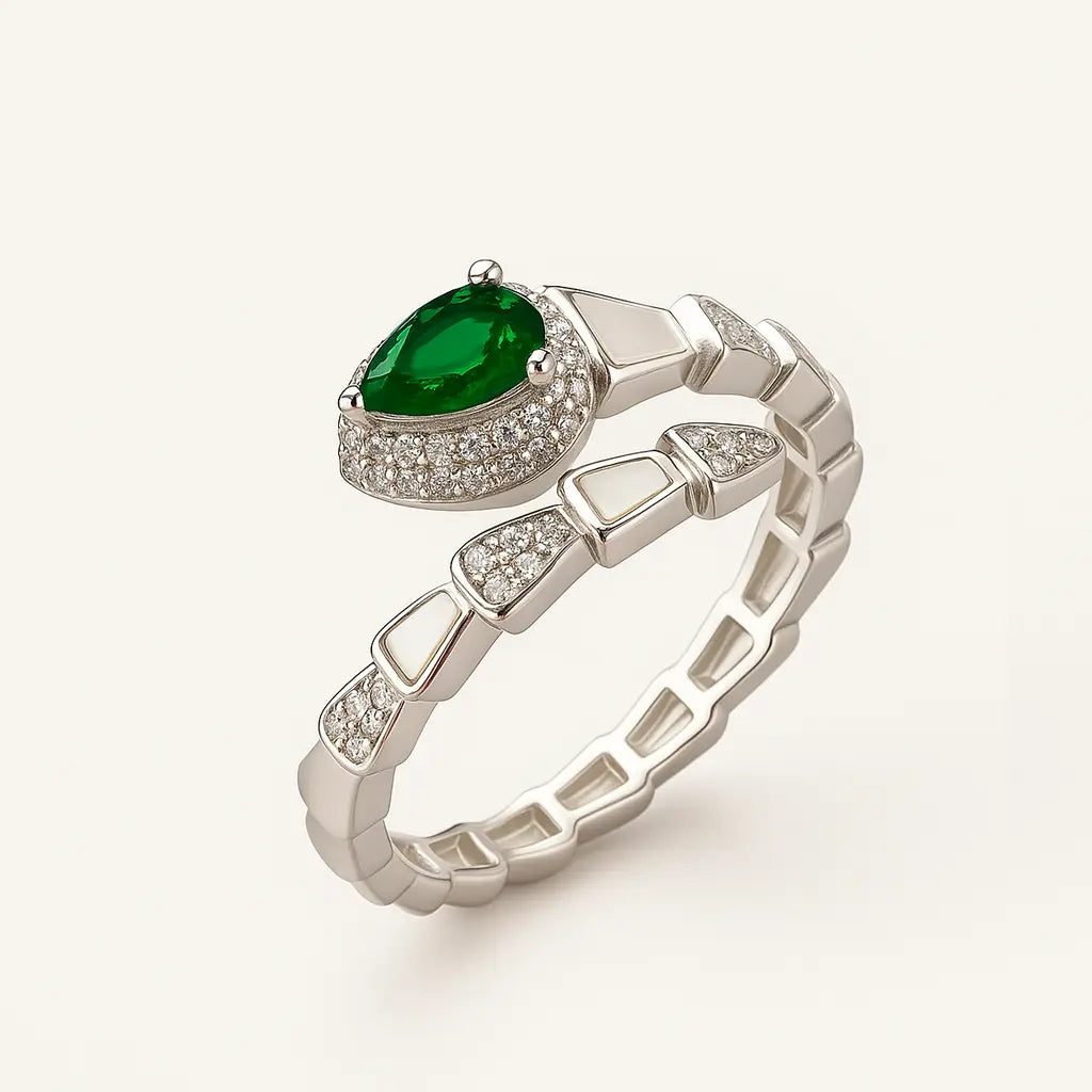 Serpent Elegance Ring – Adjustable 925 Silver with Green Cubic Zirconia