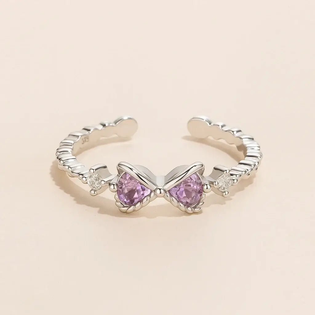 925 Silver Bow Ring – Adjustable with Purple Accent - Alymwndw