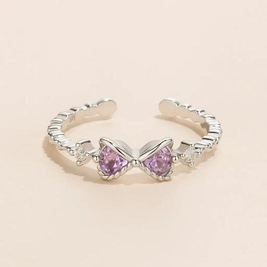 925 Silver Bow Ring – Adjustable with Purple Accent - Alymwndw