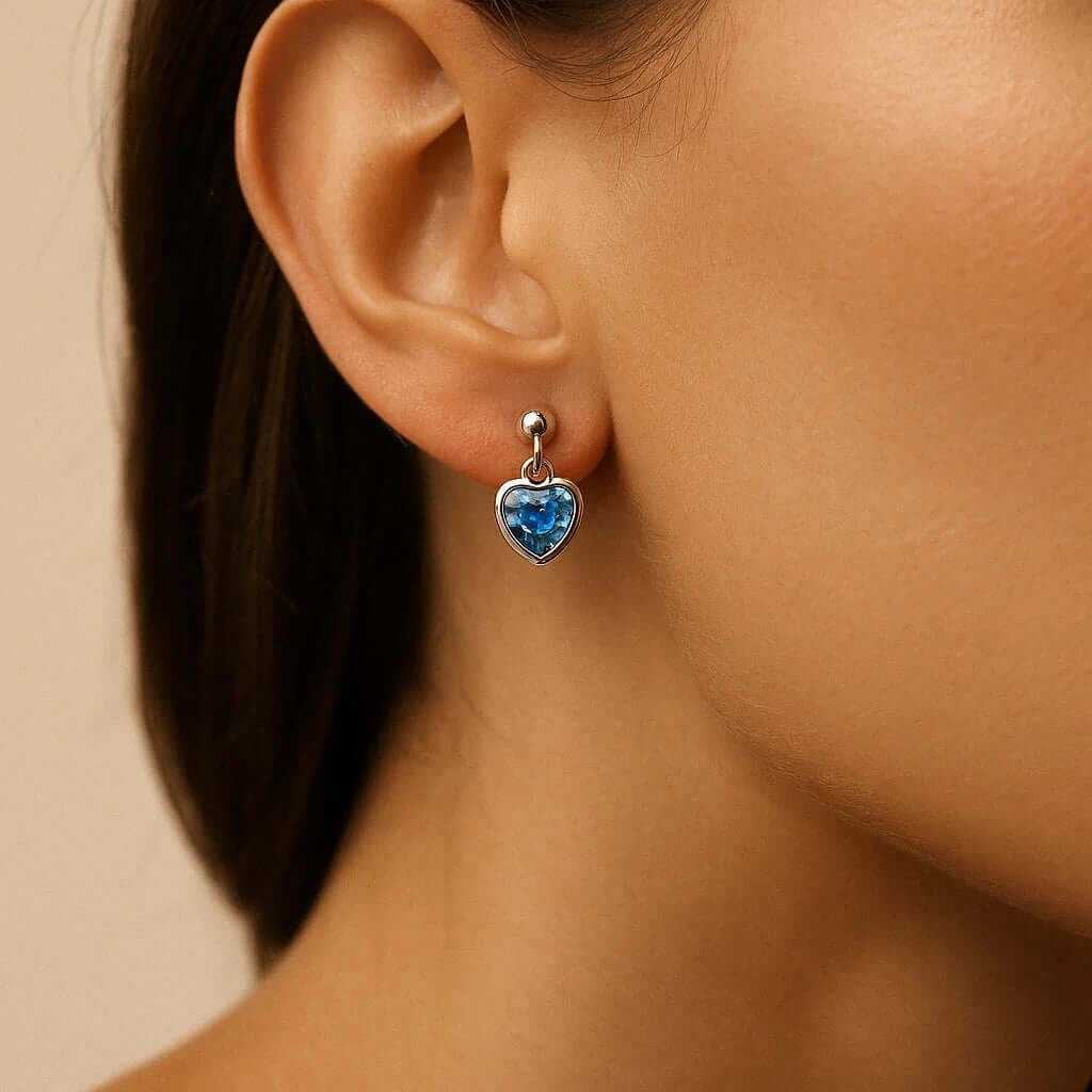 925 Silver Heart - Shaped Earrings with Blue Stone – Romantic Sparkle - Alymwndw