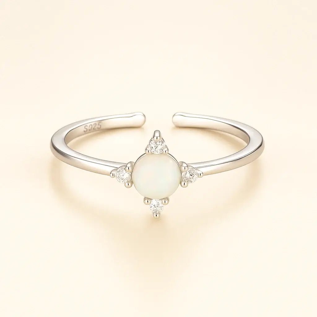925 Silver Ring with Opal & Zircon – Adjustable Floral Design - Alymwndw