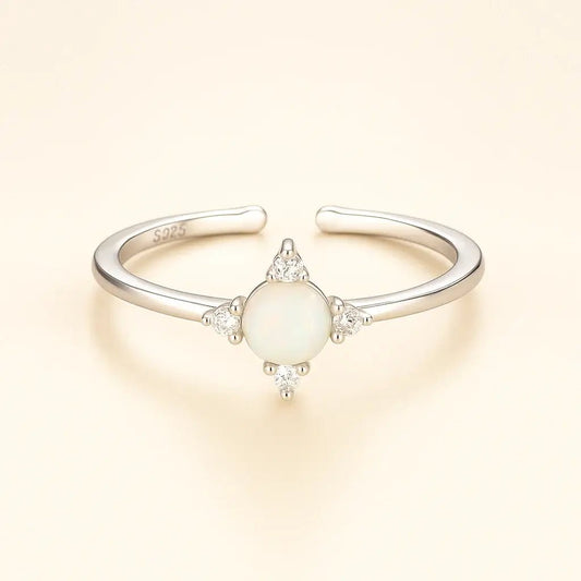 925 Silver Ring with Opal & Zircon – Adjustable Floral Design - Alymwndw