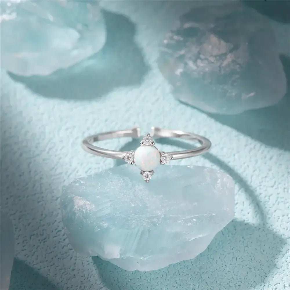 925 Silver Ring with Opal & Zircon – Adjustable Floral Design - Alymwndw