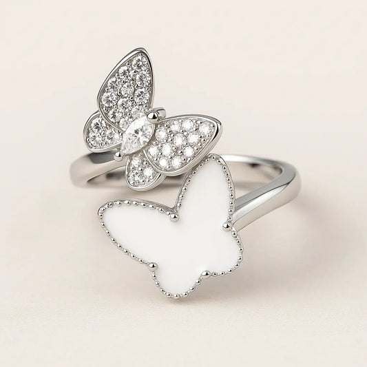 925 silver butterfly ring with white enamel and cubic zirconia stones