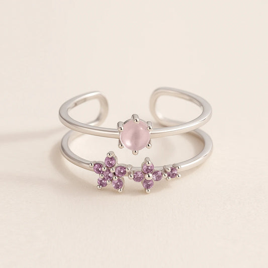 Geometric flower open ring made of 925 silver with adjustable open design