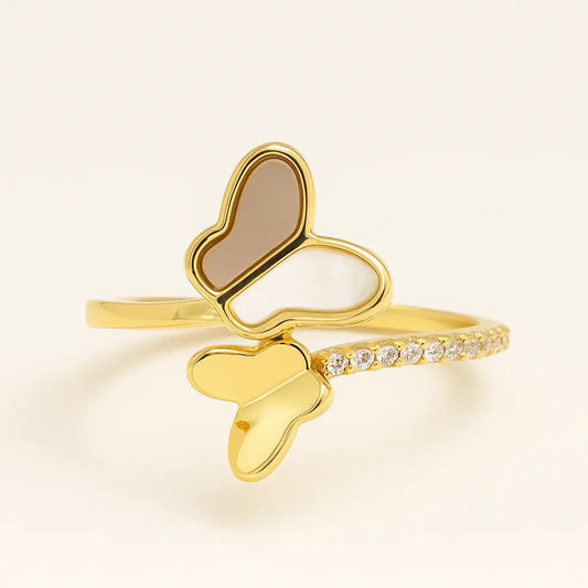 Elegant gold-plated butterfly ring with zircon accents and mother of pearl inlay on 925 silver