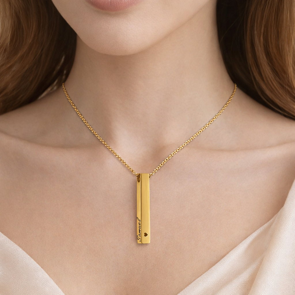 Vertical Bar Necklace – Personalized Gold Name Pendant (18K / 21K / 22K)