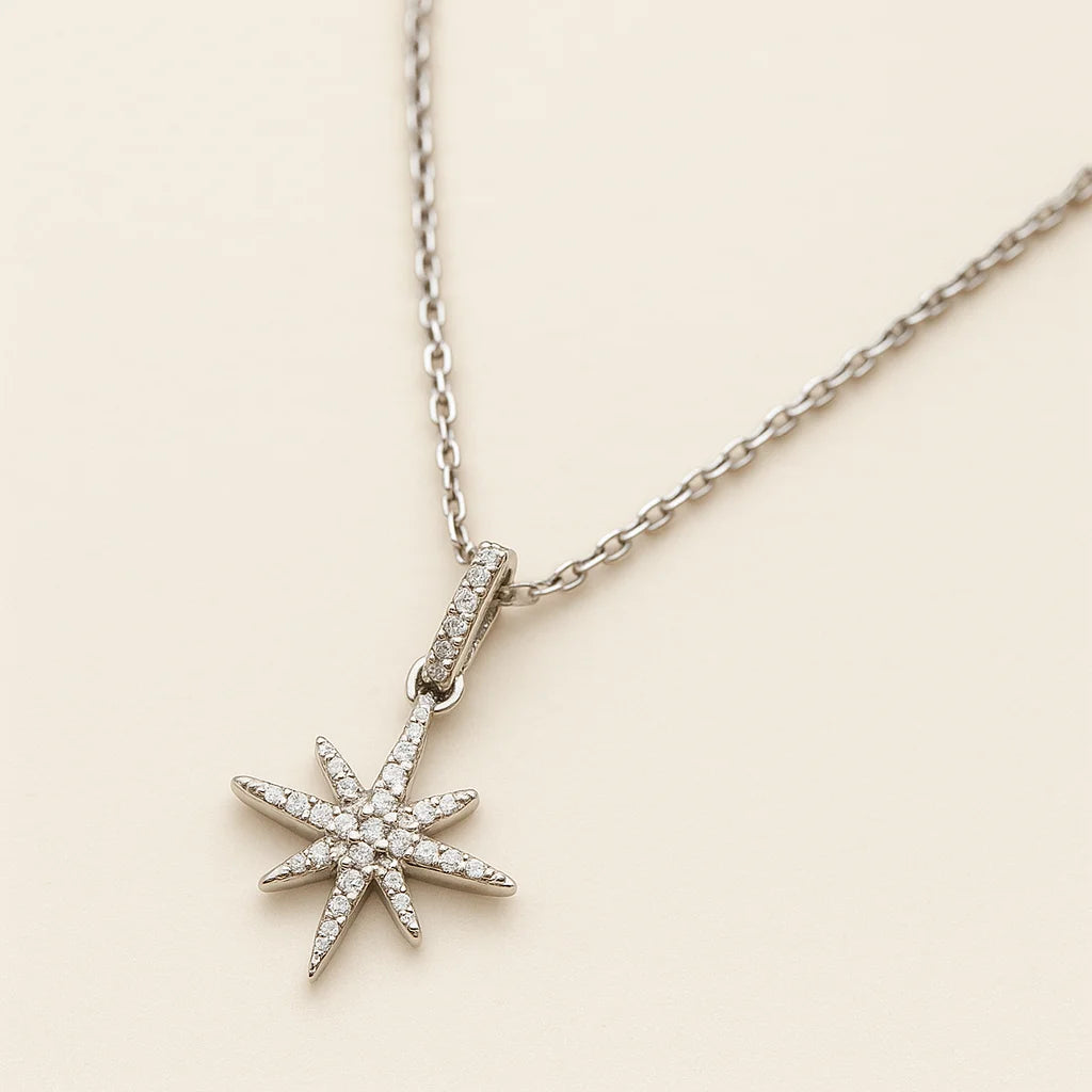 A delicate sterling silver necklace featuring a starburst-shaped pendant adorned with sparkling cubic zirconia stones.