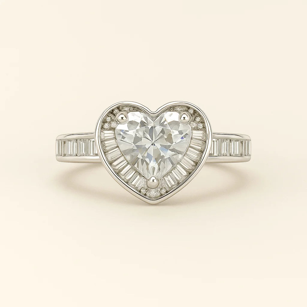 A 925 sterling silver ring with a central heart-shaped cubic zirconia stone, a pavé halo, and baguette-cut stones on the band.