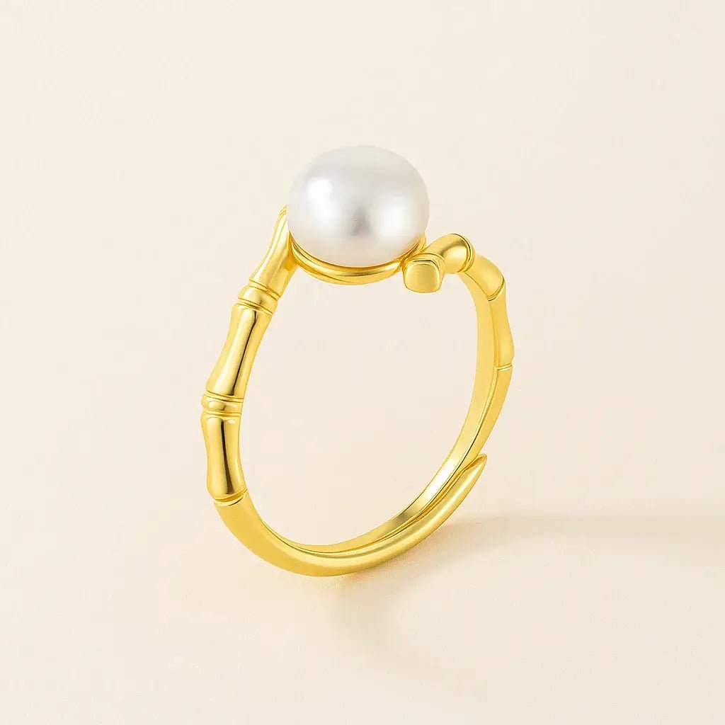 Bamboo Grace Adjustable Pearl Ring – 925 Silver & Freshwater Pearl - Alymwndw