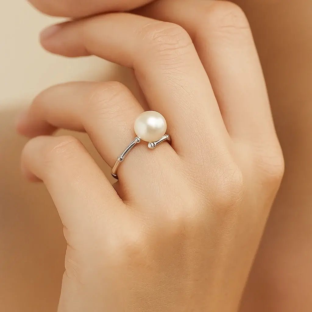 Bamboo Grace Adjustable Pearl Ring – 925 Silver & Freshwater Pearl - Alymwndw