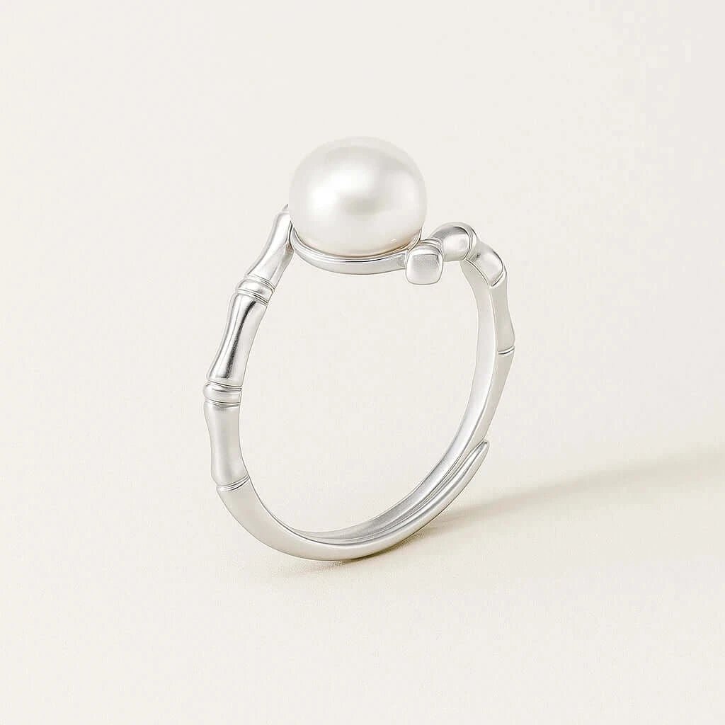Bamboo Grace Adjustable Pearl Ring – 925 Silver & Freshwater Pearl - Alymwndw
