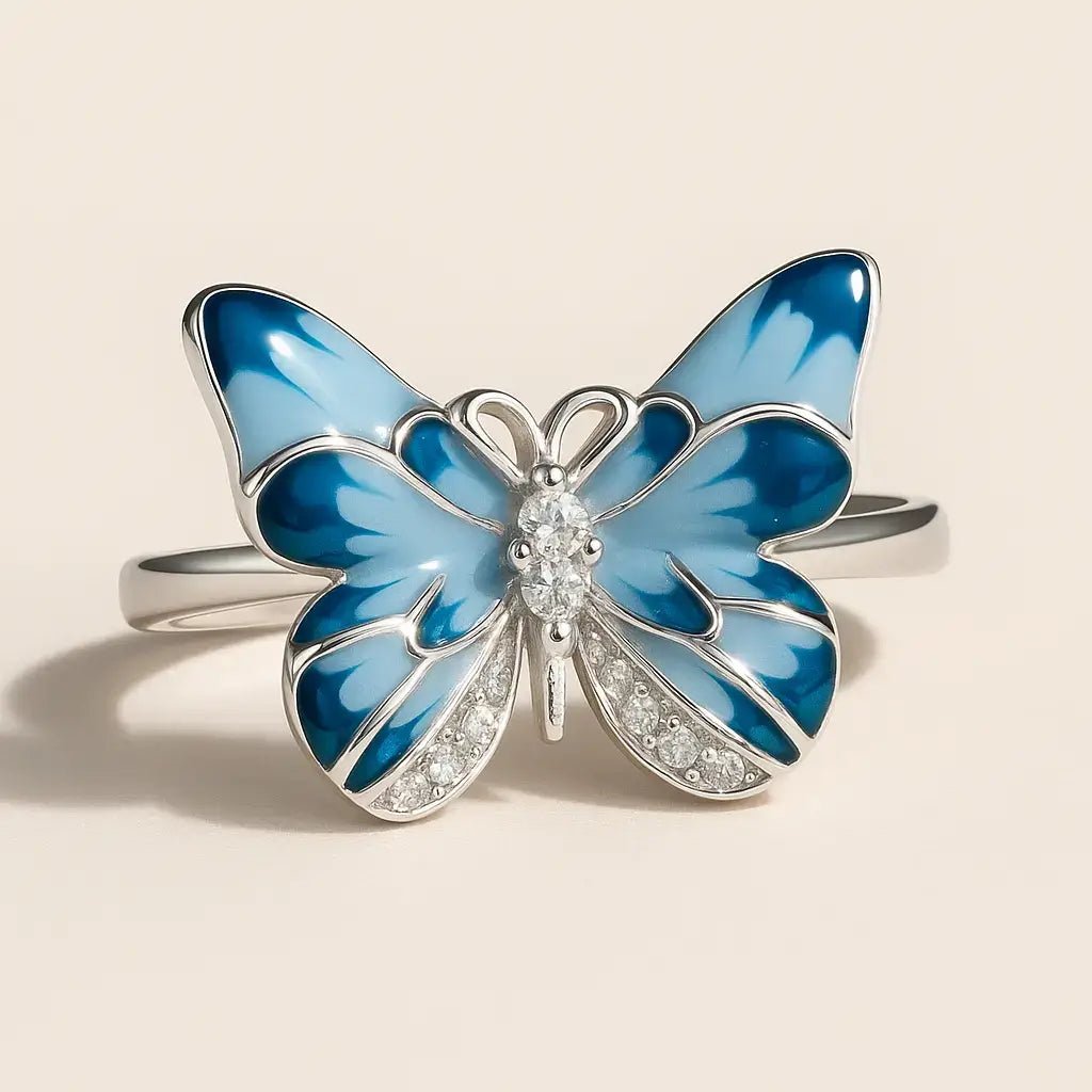 Blue Enamel Butterfly Ring in 925 Silver - Alymwndw