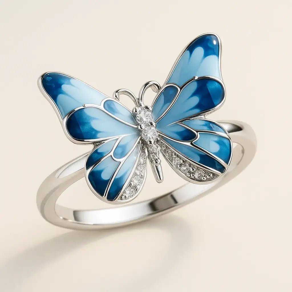 Blue Enamel Butterfly Ring in 925 Silver - Alymwndw