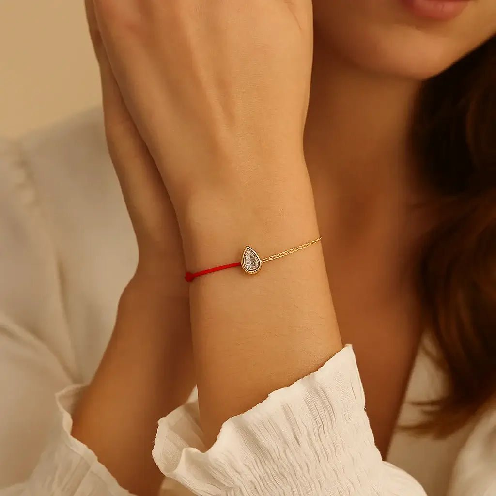 Crimson Grace – Red Thread Bracelet with Marquise Cut Stone - Alymwndw