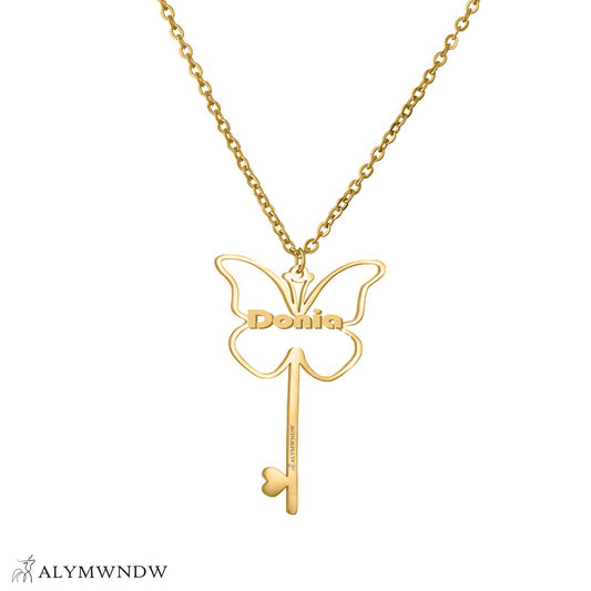 Custom Name Necklace with Butterfly & Key – Personalized Gold Jewelry - Alymwndw