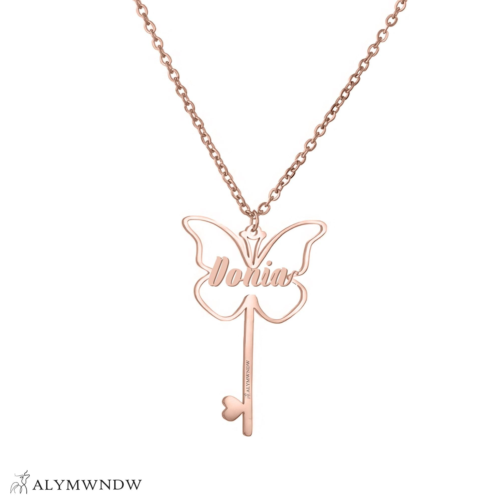Custom Name Necklace with Butterfly & Key – Personalized Gold Jewelry - Alymwndw