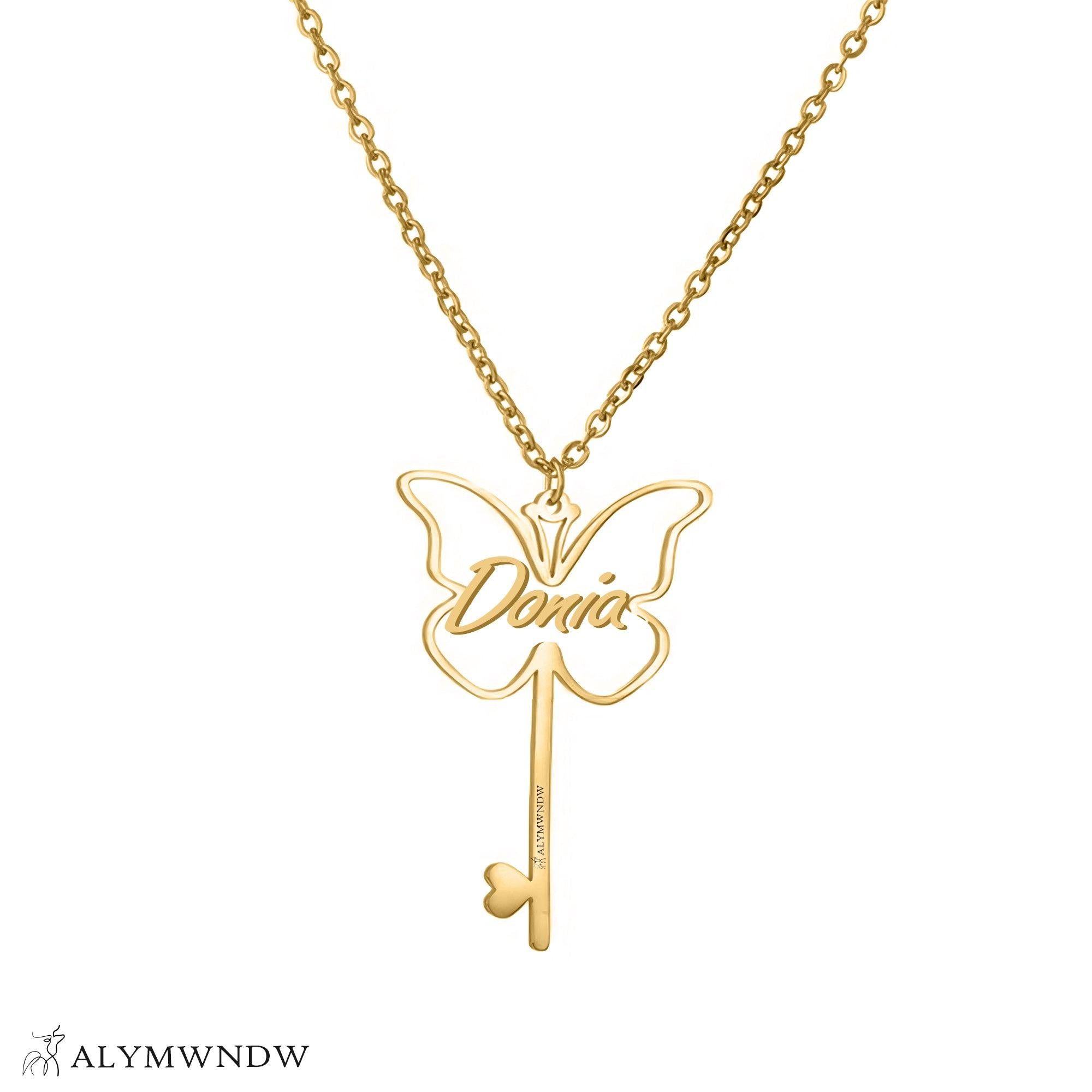 Custom Name Necklace with Butterfly & Key – Personalized Gold Jewelry - Alymwndw
