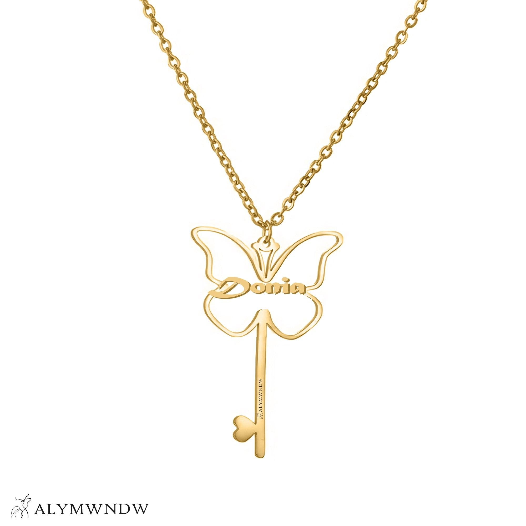 Custom Name Necklace with Butterfly & Key – Personalized Gold Jewelry - Alymwndw
