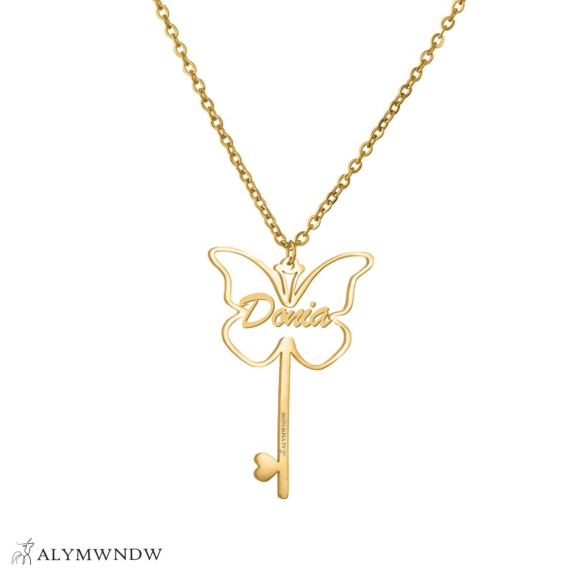 Custom Name Necklace with Butterfly & Key – Personalized Gold Jewelry - Alymwndw