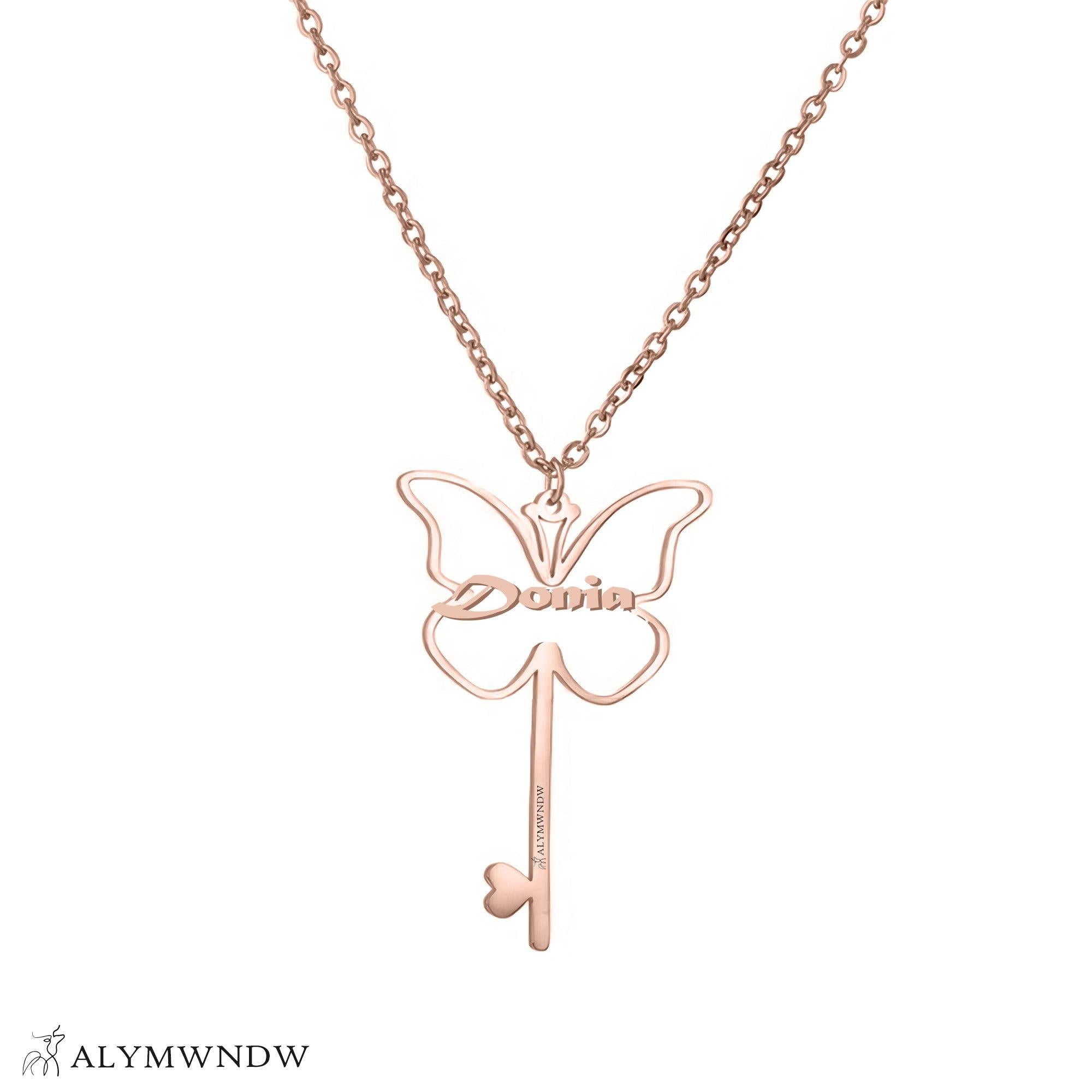 Custom Name Necklace with Butterfly & Key – Personalized Gold Jewelry - Alymwndw