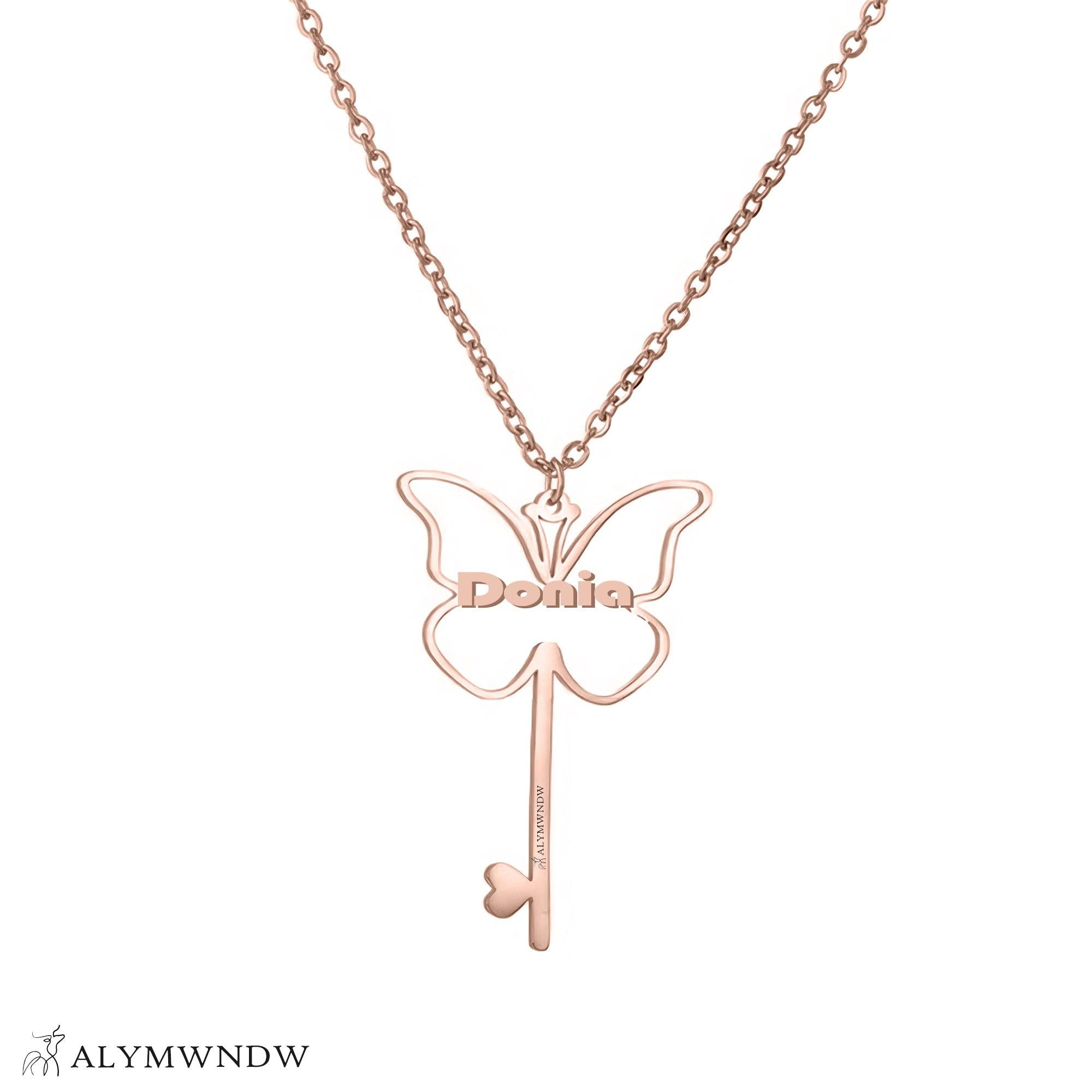 Custom Name Necklace with Butterfly & Key – Personalized Gold Jewelry - Alymwndw