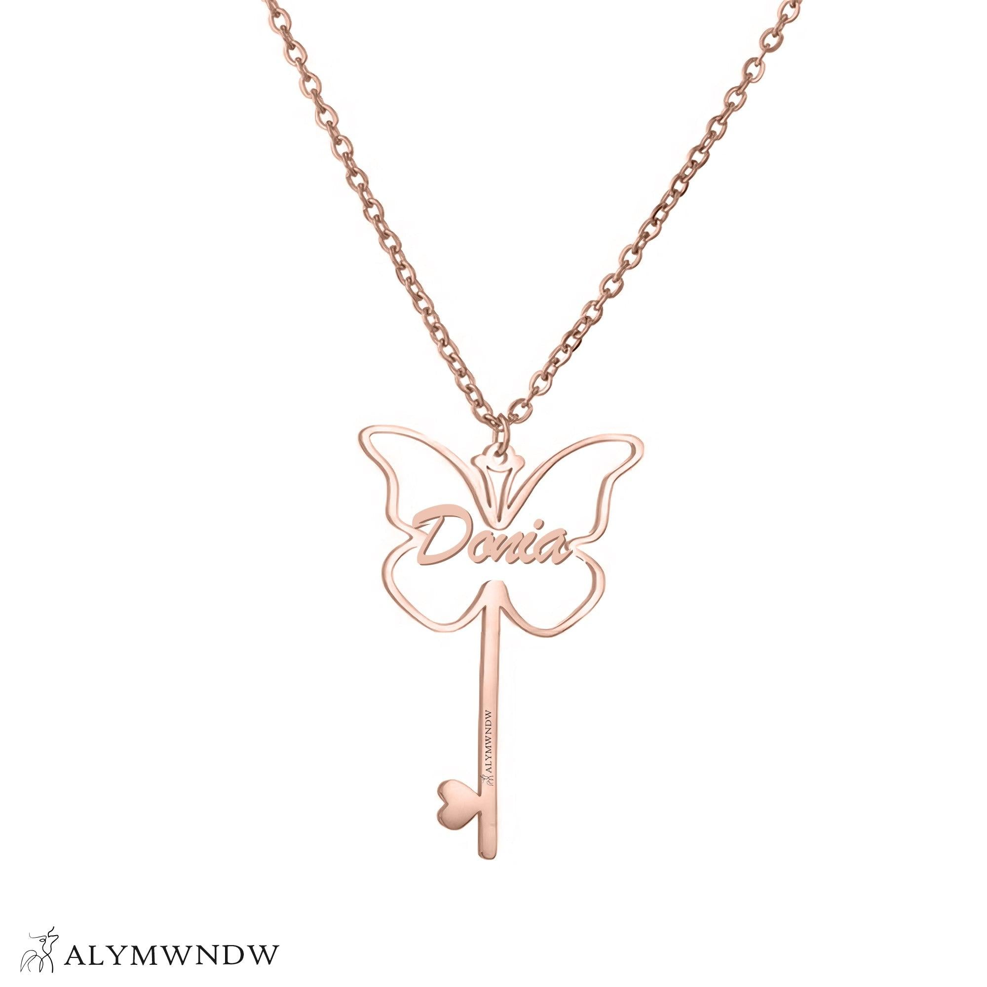 Custom Name Necklace with Butterfly & Key – Personalized Gold Jewelry - Alymwndw