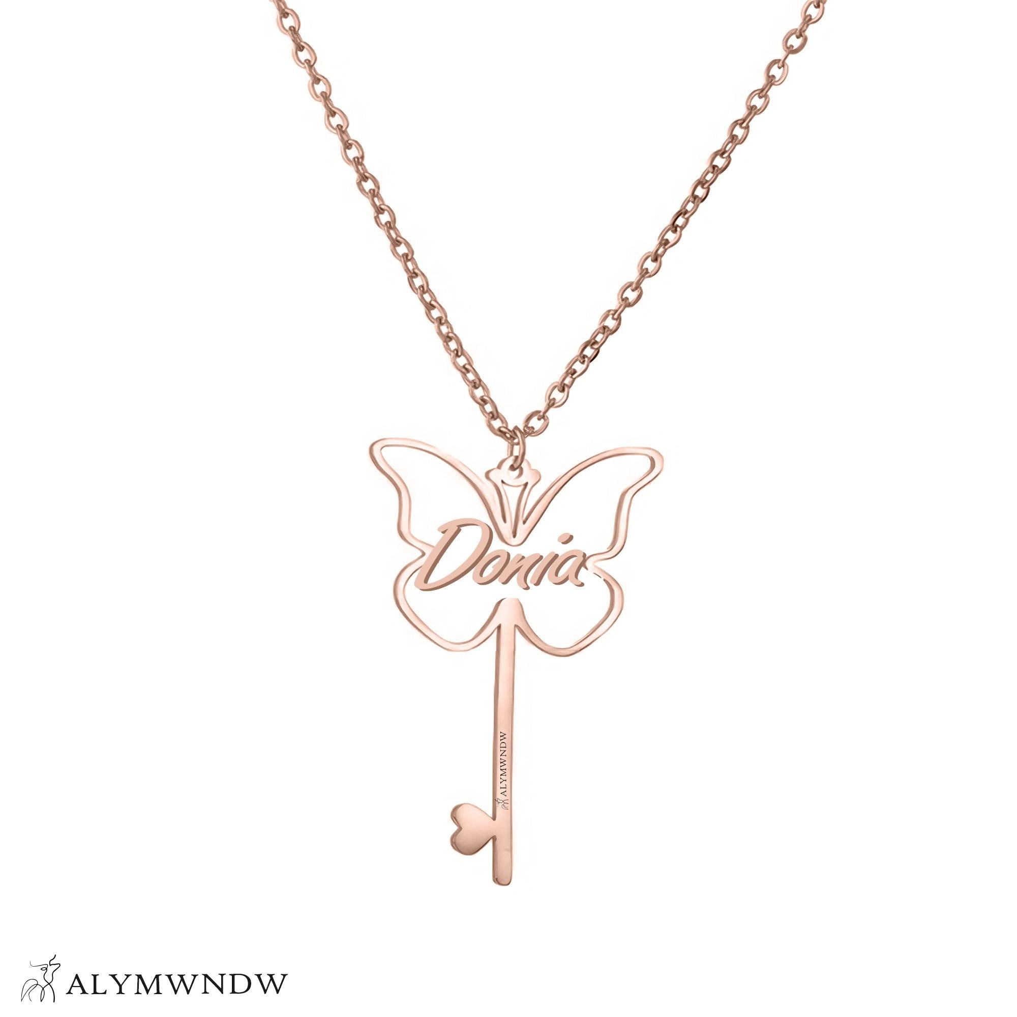 Custom Name Necklace with Butterfly & Key – Personalized Gold Jewelry - Alymwndw