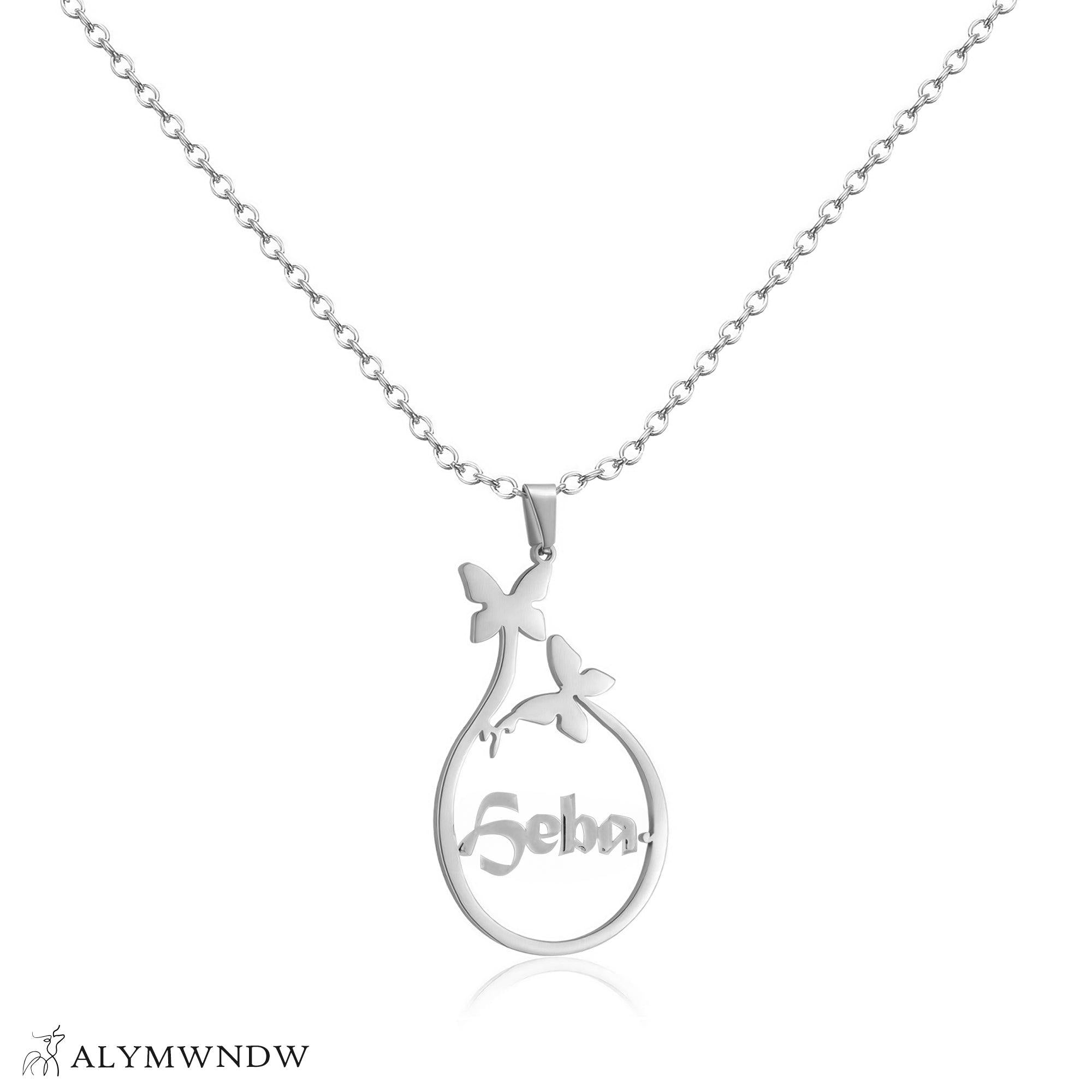 Custom Name Necklace with Circle Pendant & Butterfly – Personalized Gold Jewelry - Alymwndw