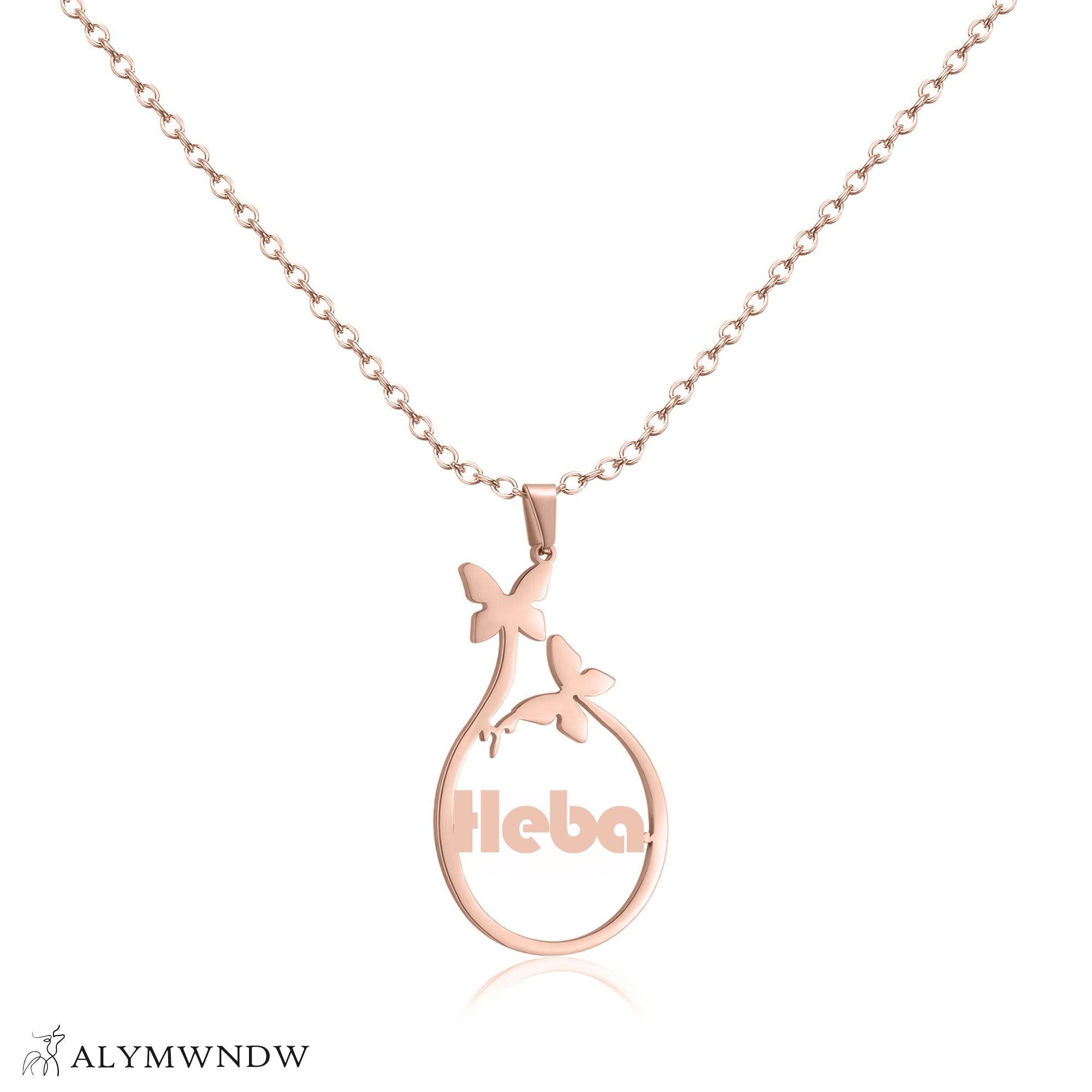 Custom Name Necklace with Circle Pendant & Butterfly – Personalized Gold Jewelry - Alymwndw