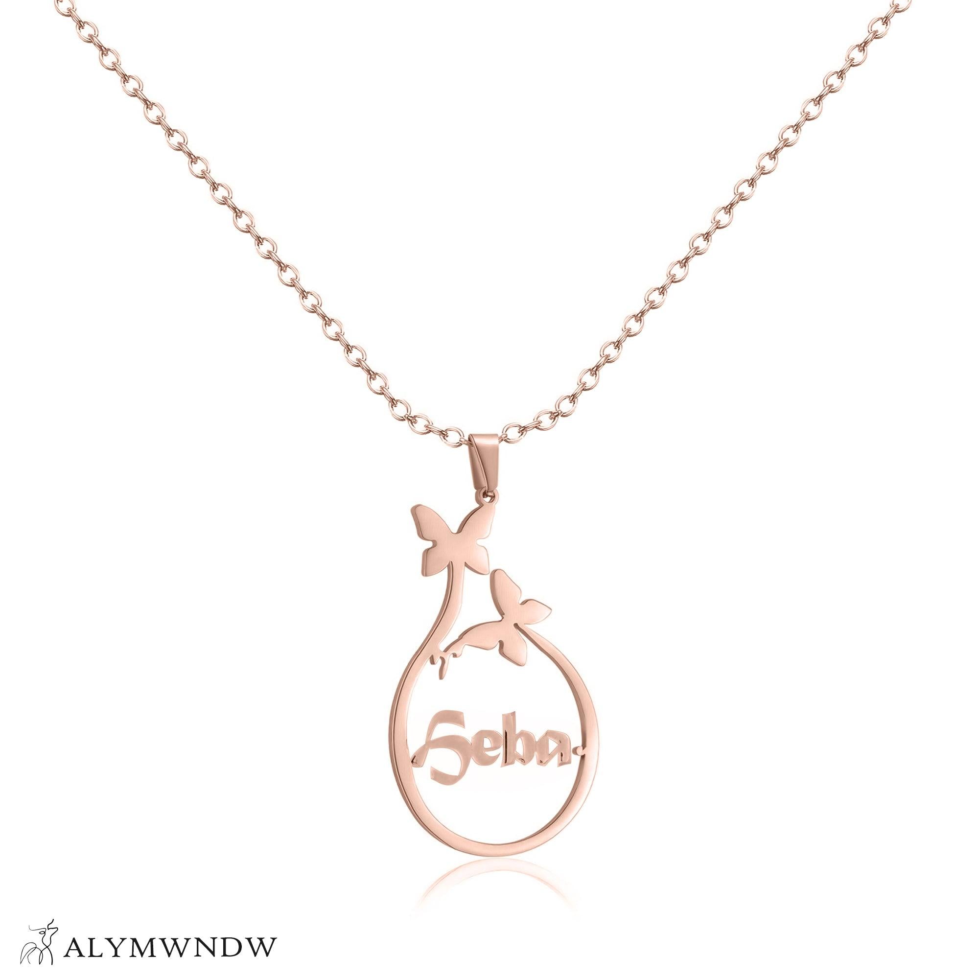 Custom Name Necklace with Circle Pendant & Butterfly – Personalized Gold Jewelry - Alymwndw