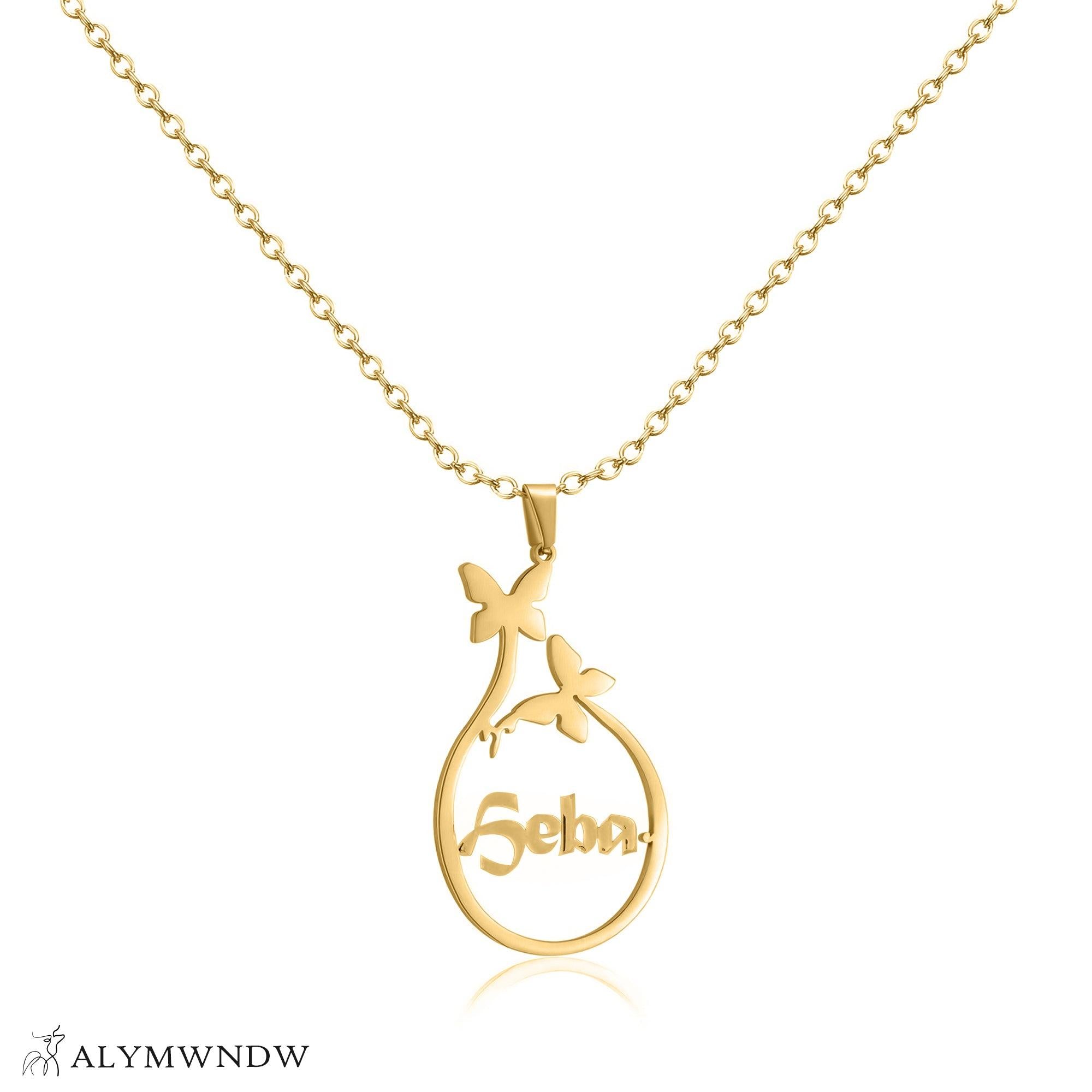 Custom Name Necklace with Circle Pendant & Butterfly – Personalized Gold Jewelry - Alymwndw