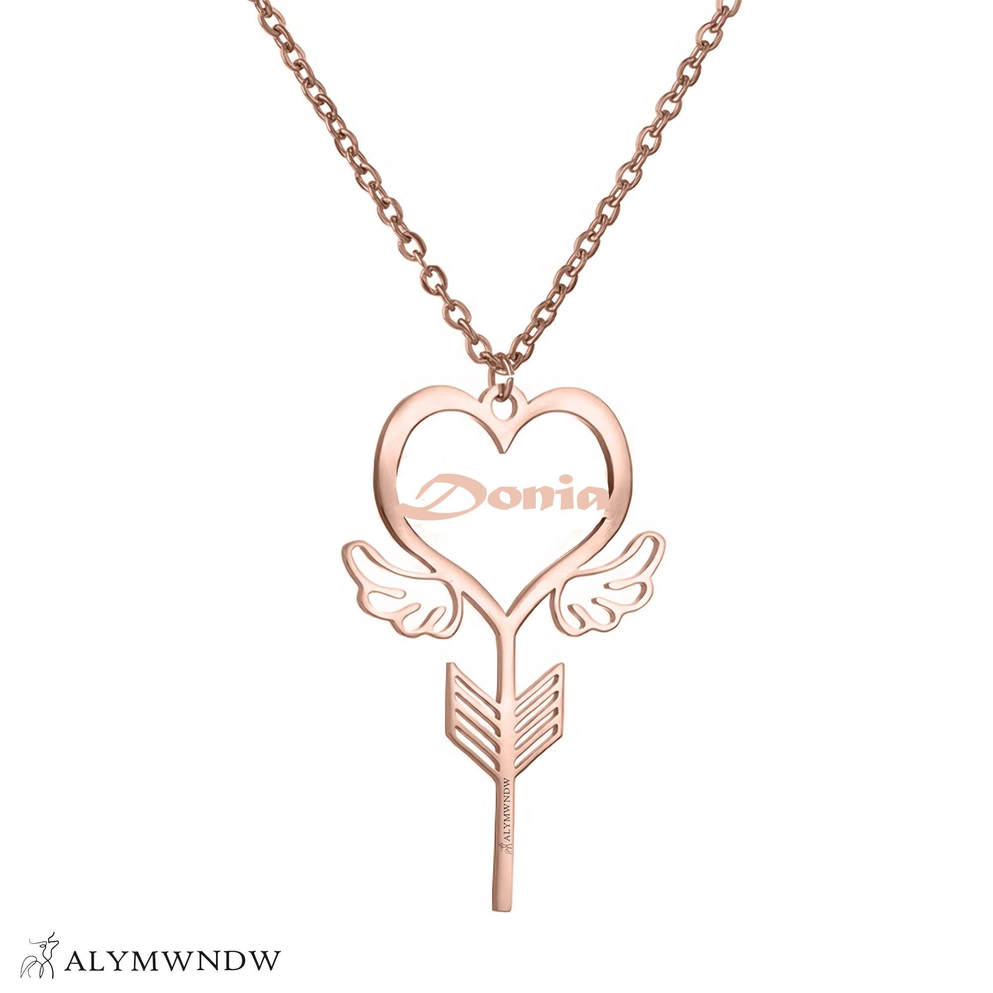 Custom Name Necklace with Heart, Wings & Arrow – Personalized Gold Jewelry - Alymwndw