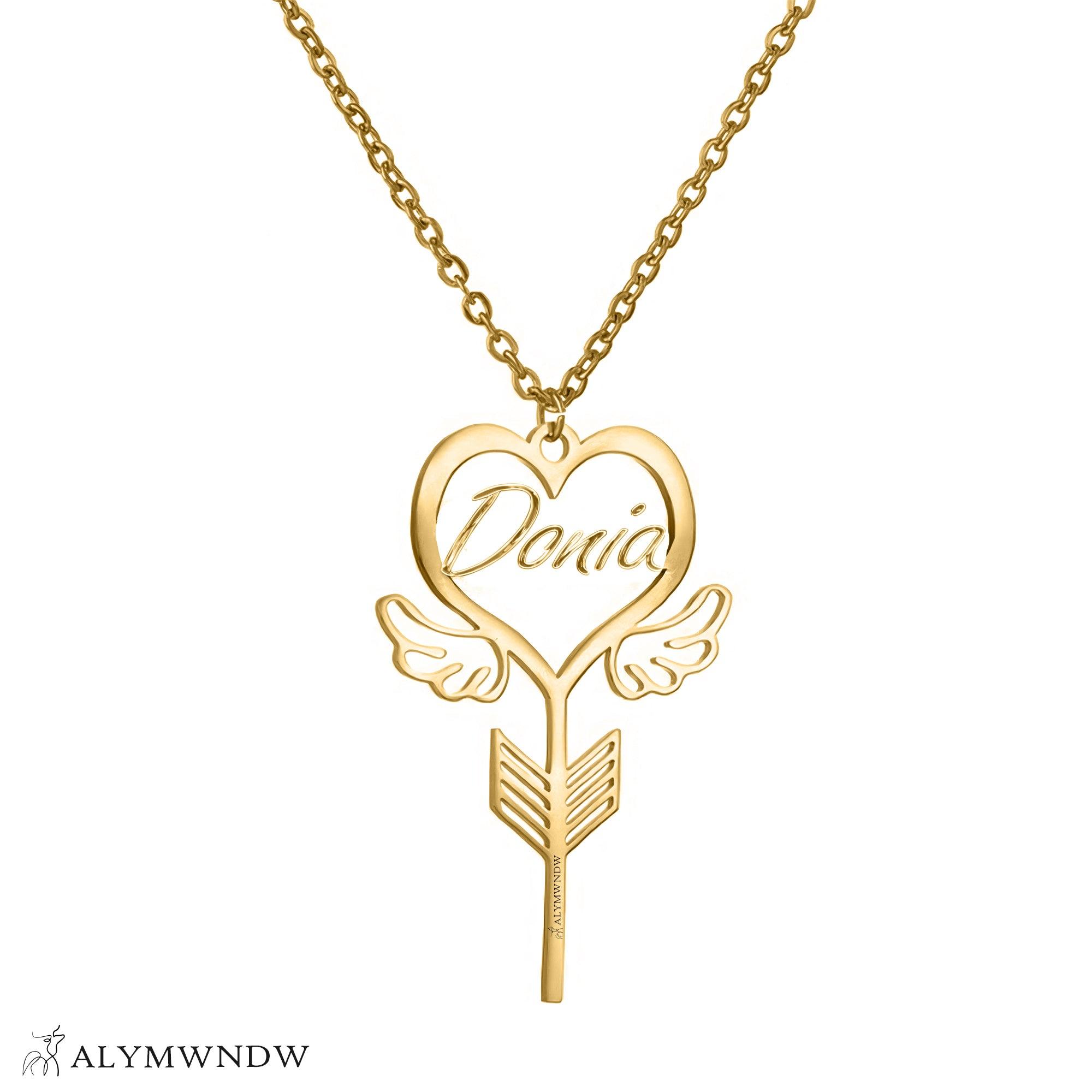 Custom Name Necklace with Heart, Wings & Arrow – Personalized Gold Jewelry - Alymwndw