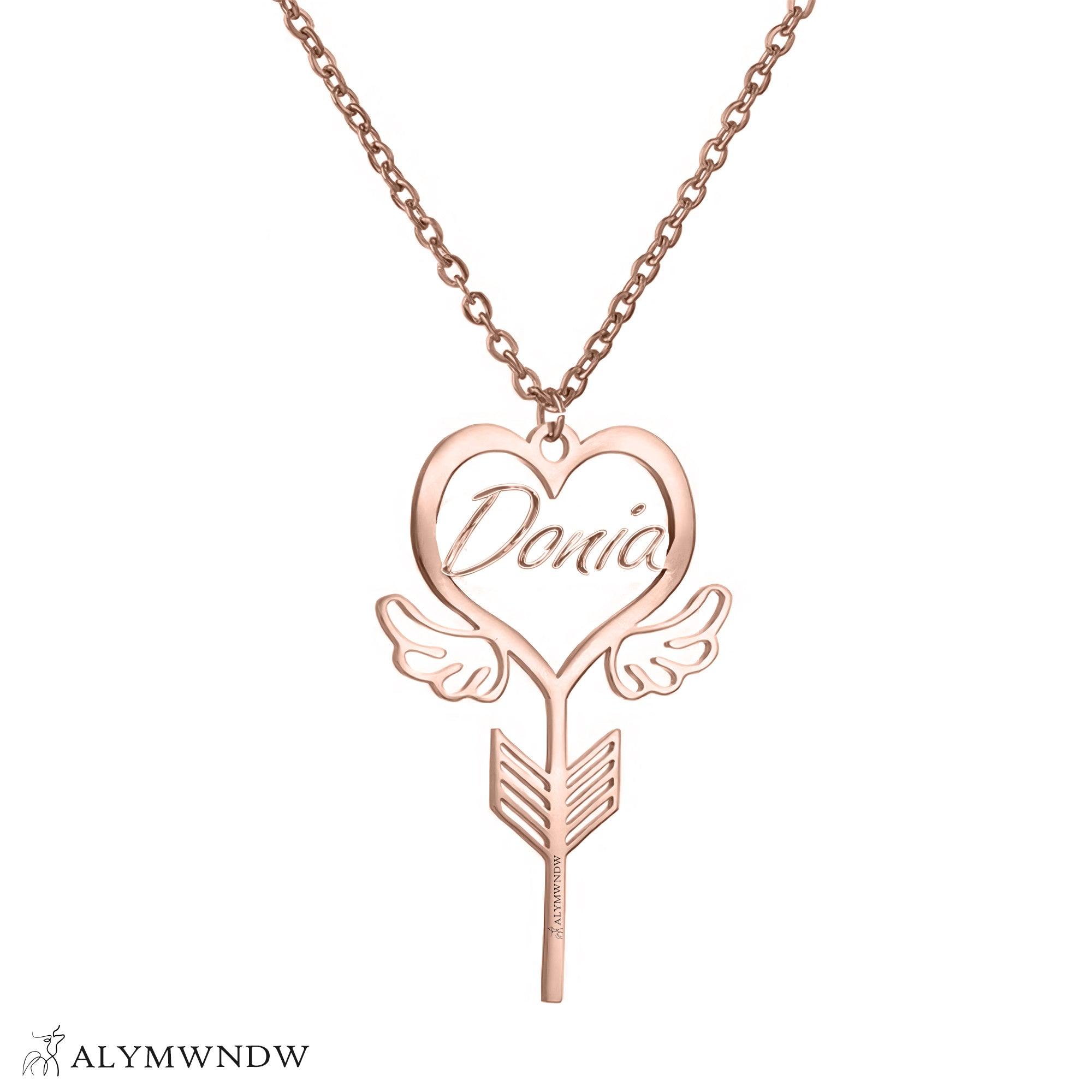 Custom Name Necklace with Heart, Wings & Arrow – Personalized Gold Jewelry - Alymwndw