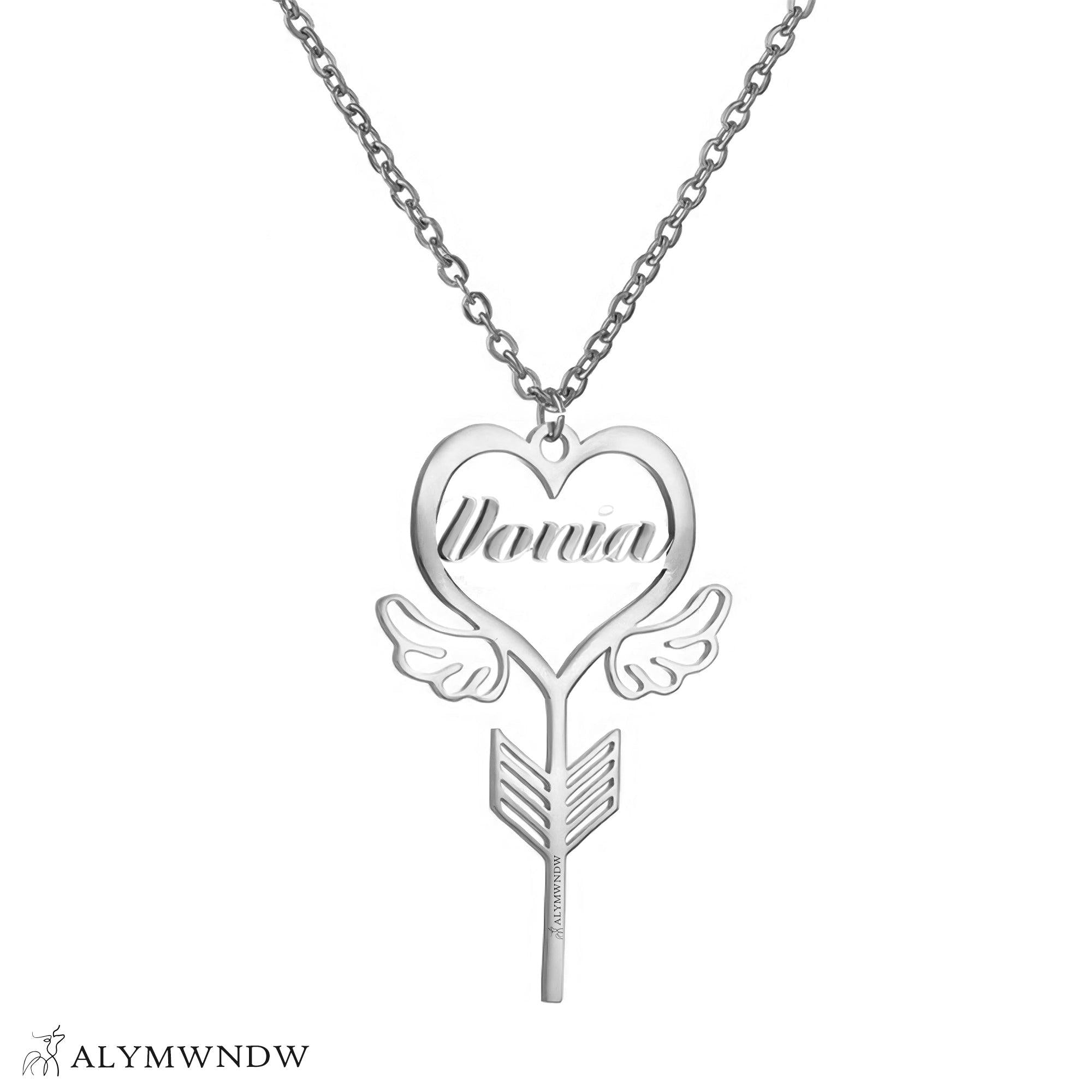Custom Name Necklace with Heart, Wings & Arrow – Personalized Gold Jewelry - Alymwndw