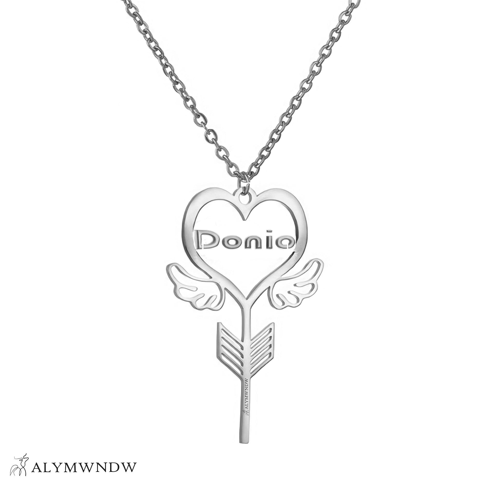 Custom Name Necklace with Heart, Wings & Arrow – Personalized Gold Jewelry - Alymwndw