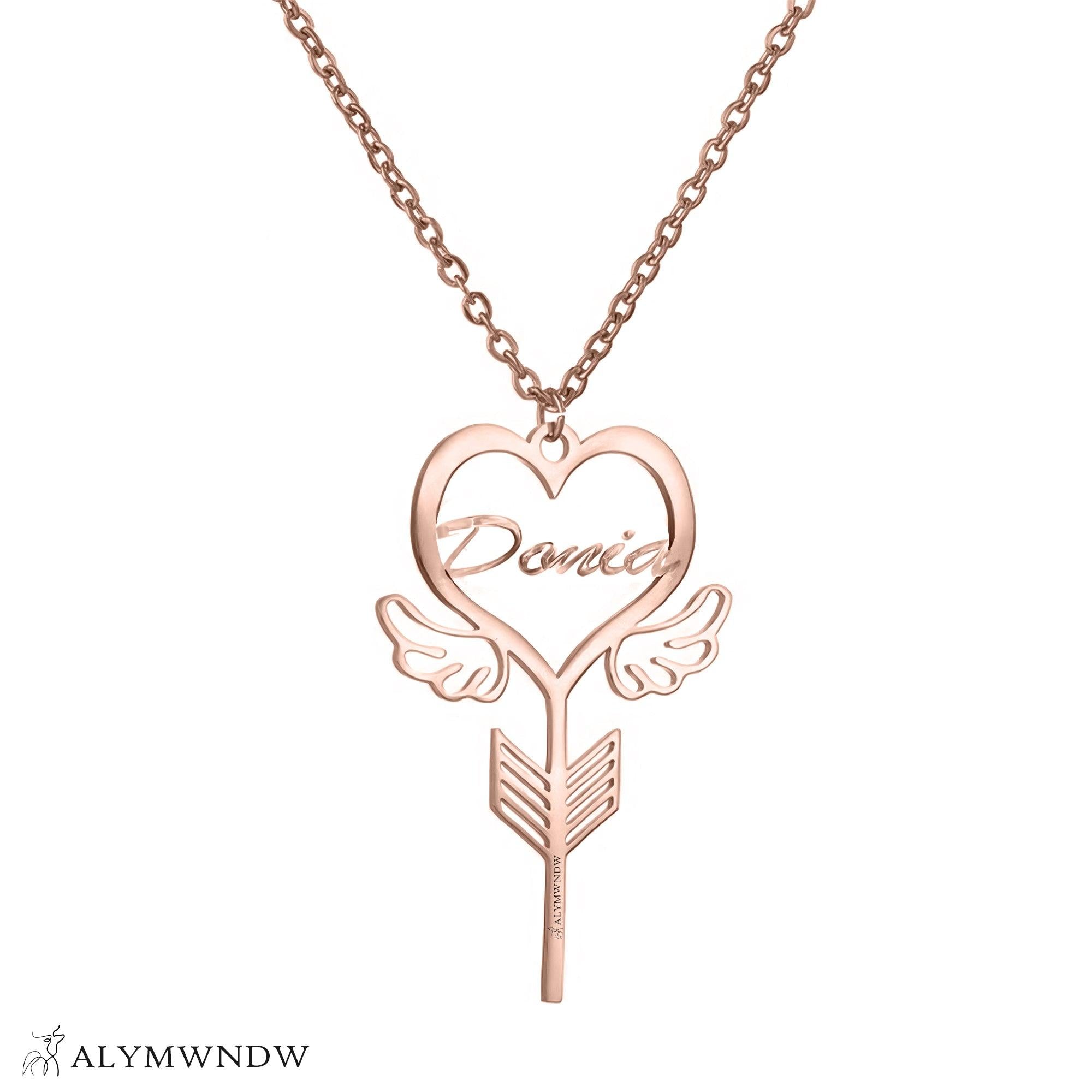 Custom Name Necklace with Heart, Wings & Arrow – Personalized Gold Jewelry - Alymwndw