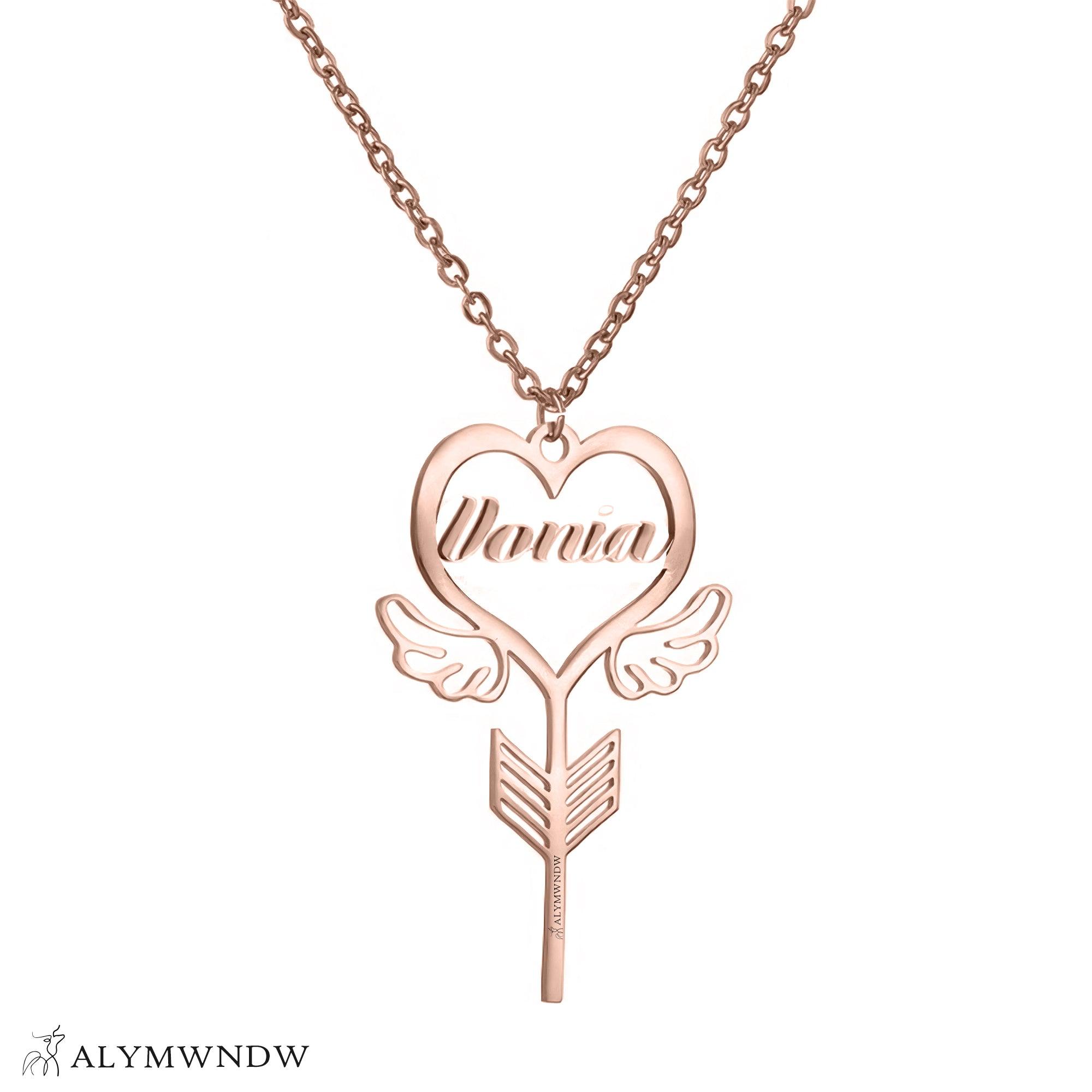 Custom Name Necklace with Heart, Wings & Arrow – Personalized Gold Jewelry - Alymwndw
