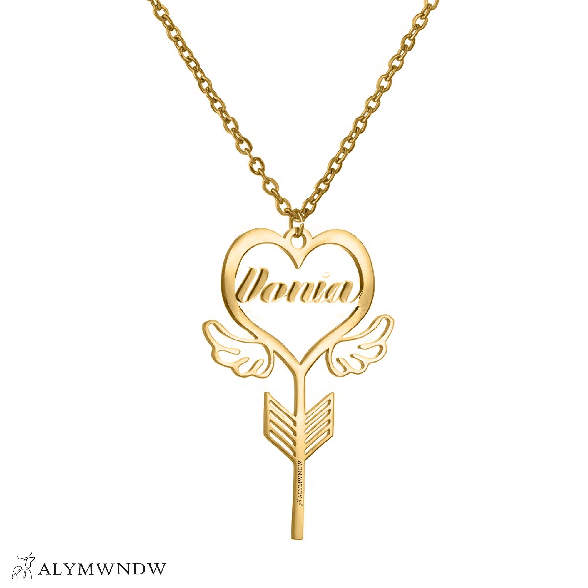 Custom Name Necklace with Heart, Wings & Arrow – Personalized Gold Jewelry - Alymwndw