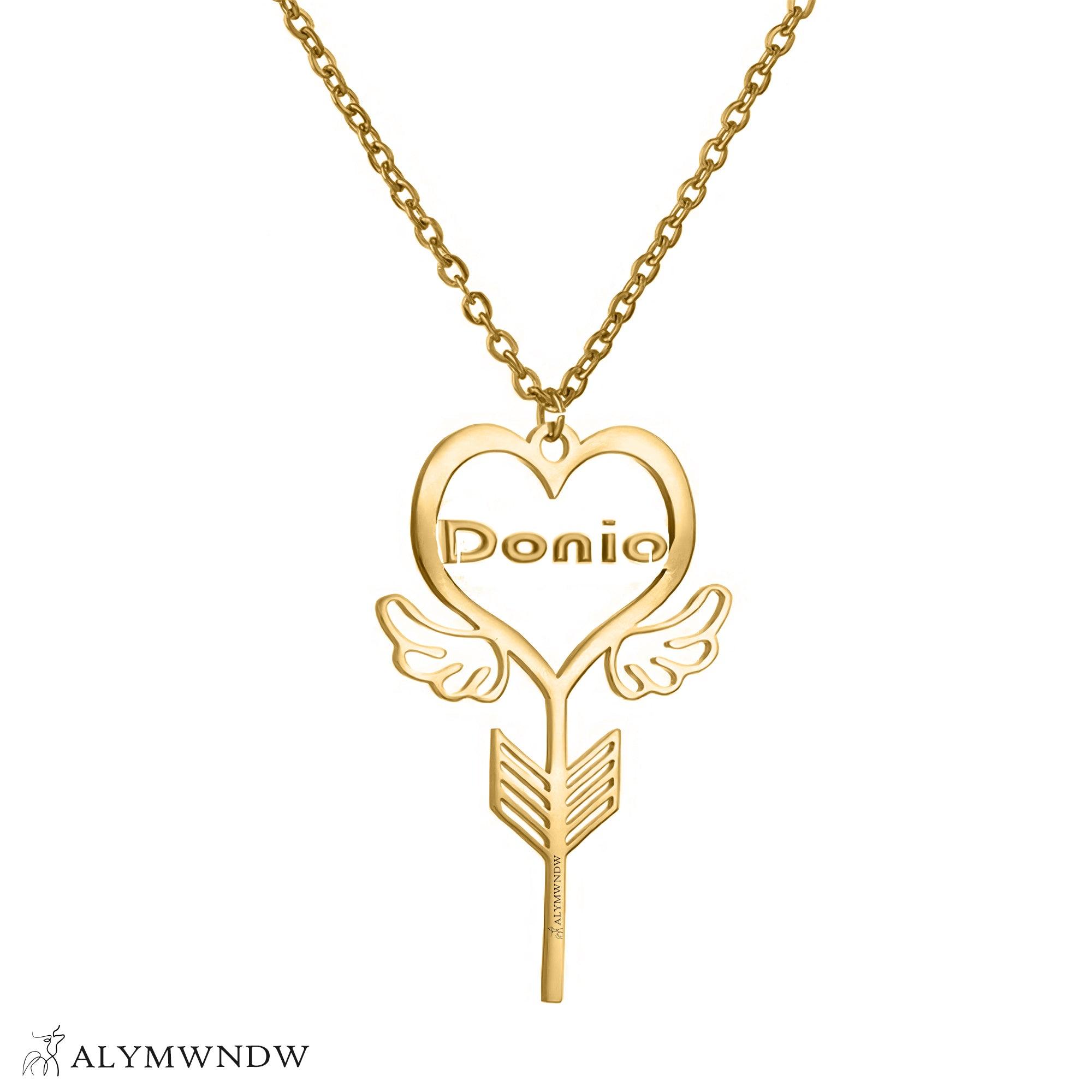 Custom Name Necklace with Heart, Wings & Arrow – Personalized Gold Jewelry - Alymwndw