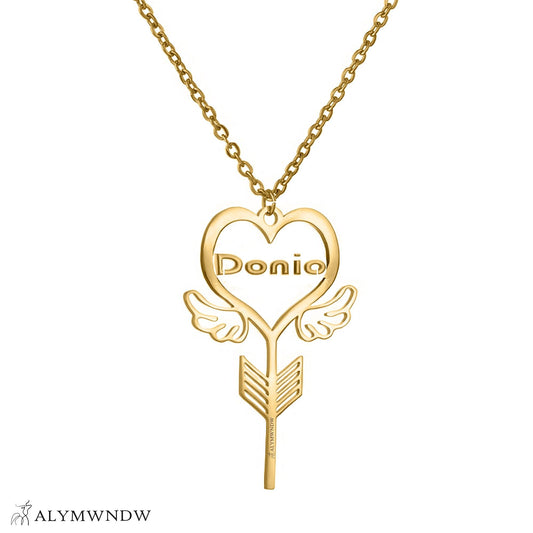 Custom Name Necklace with Heart, Wings & Arrow – Personalized Gold Jewelry - Alymwndw