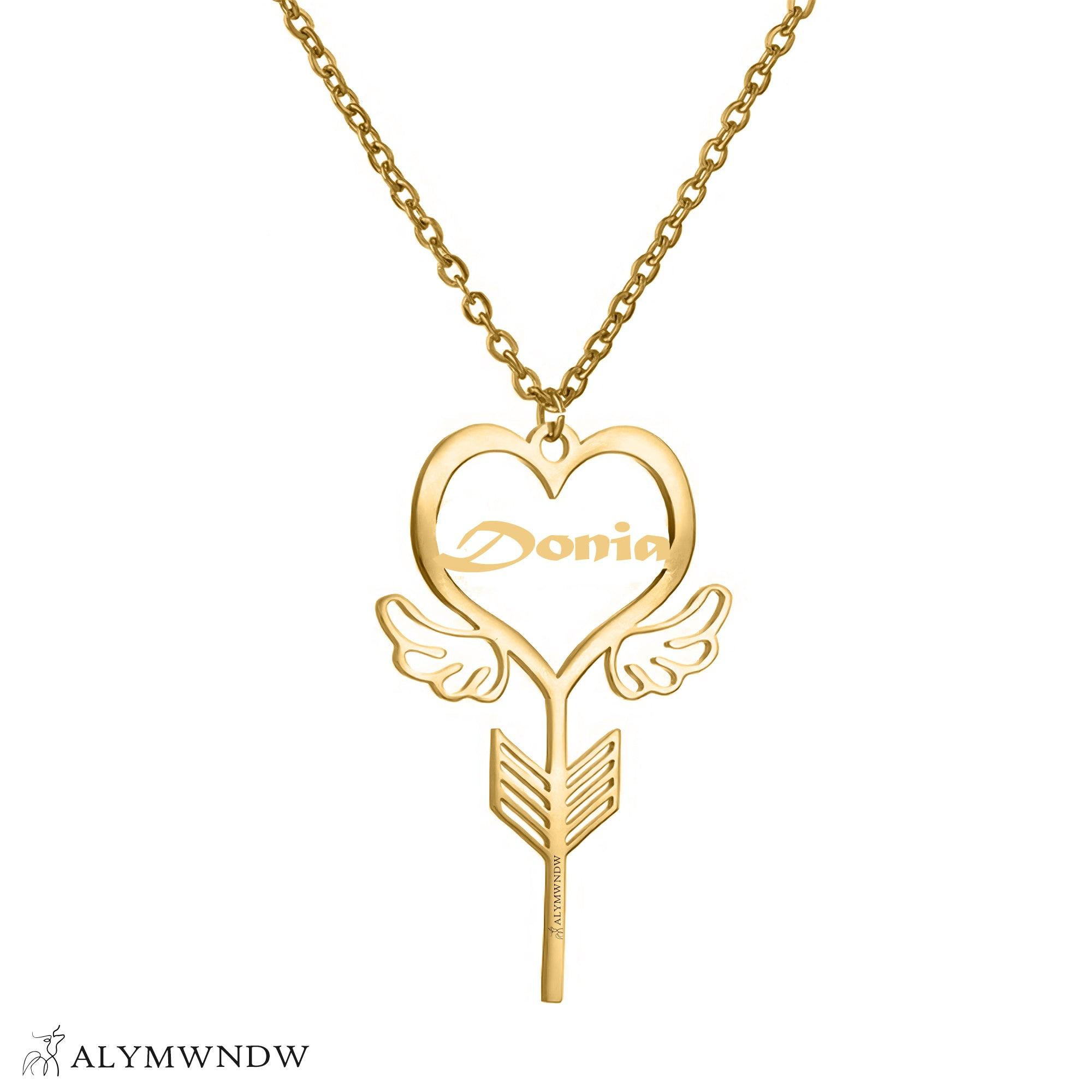 Custom Name Necklace with Heart, Wings & Arrow – Personalized Gold Jewelry - Alymwndw