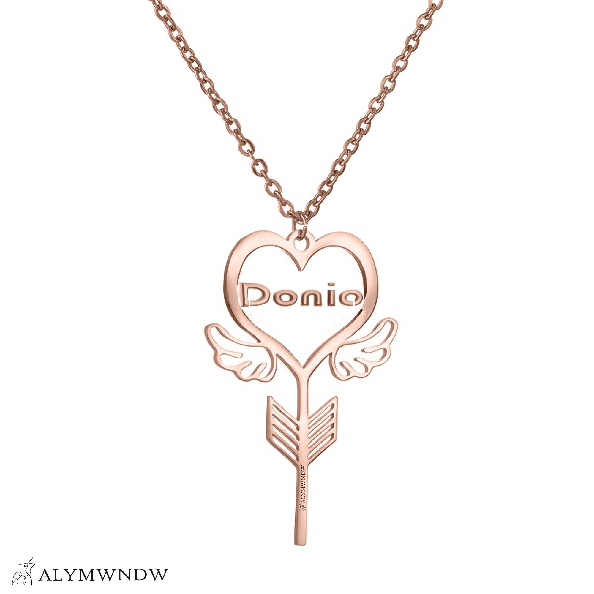 Custom Name Necklace with Heart, Wings & Arrow – Personalized Gold Jewelry - Alymwndw