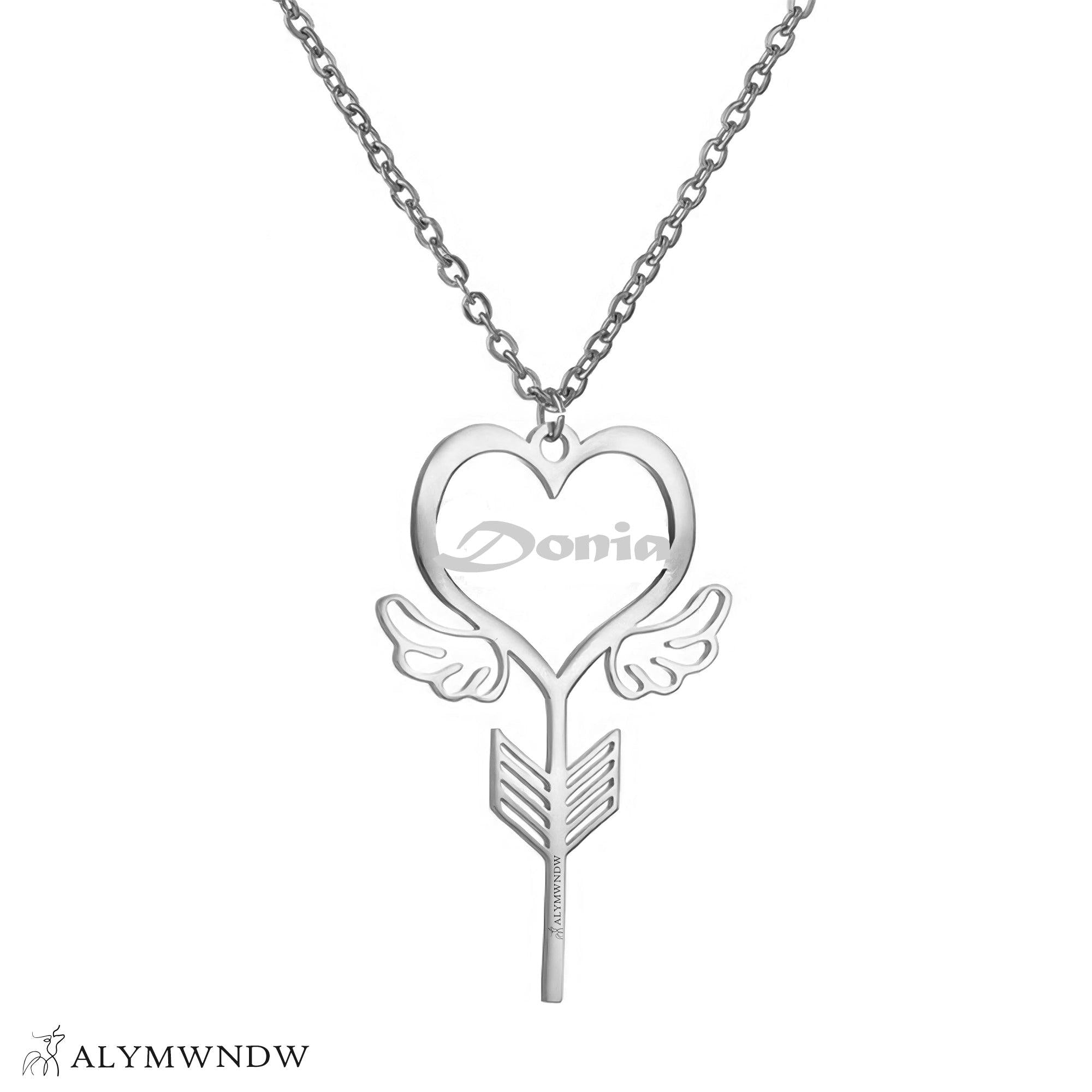 Custom Name Necklace with Heart, Wings & Arrow – Personalized Gold Jewelry - Alymwndw