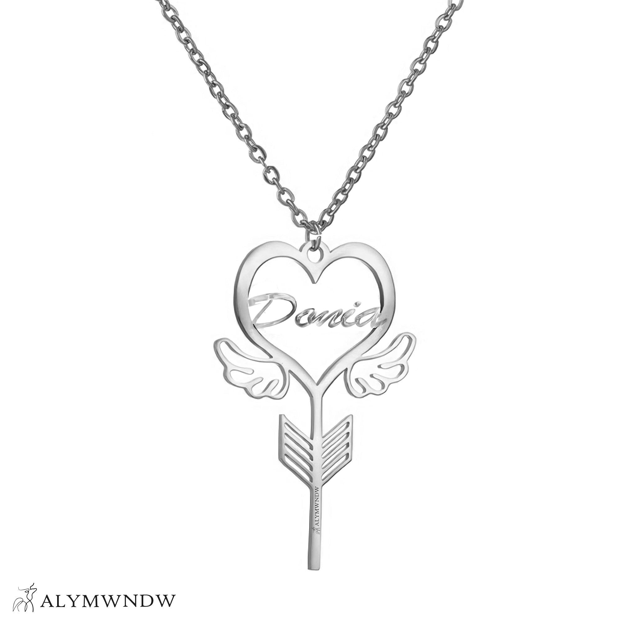 Custom Name Necklace with Heart, Wings & Arrow – Personalized Gold Jewelry - Alymwndw