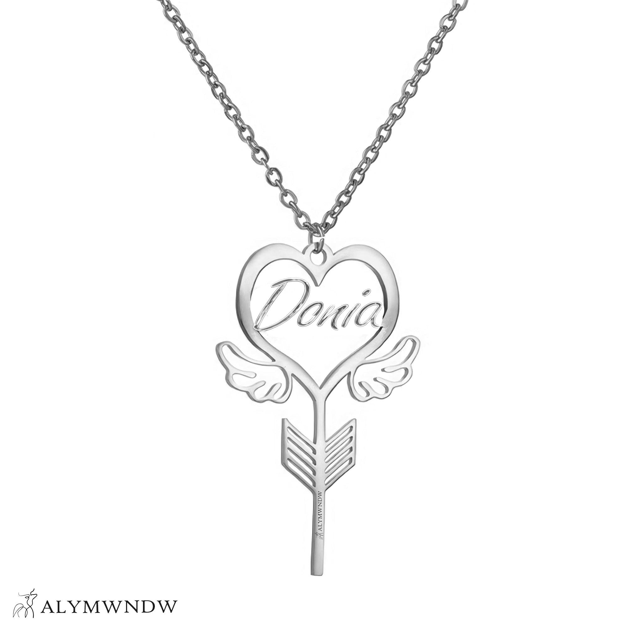 Custom Name Necklace with Heart, Wings & Arrow – Personalized Gold Jewelry - Alymwndw